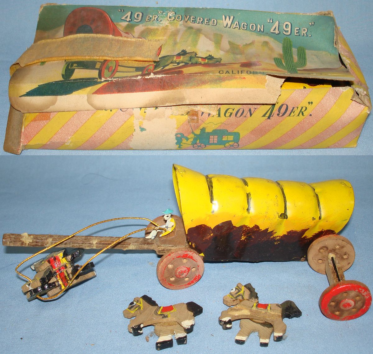 Vintage Made In Japan Wooden Covered Wagon Driver 2 Horses