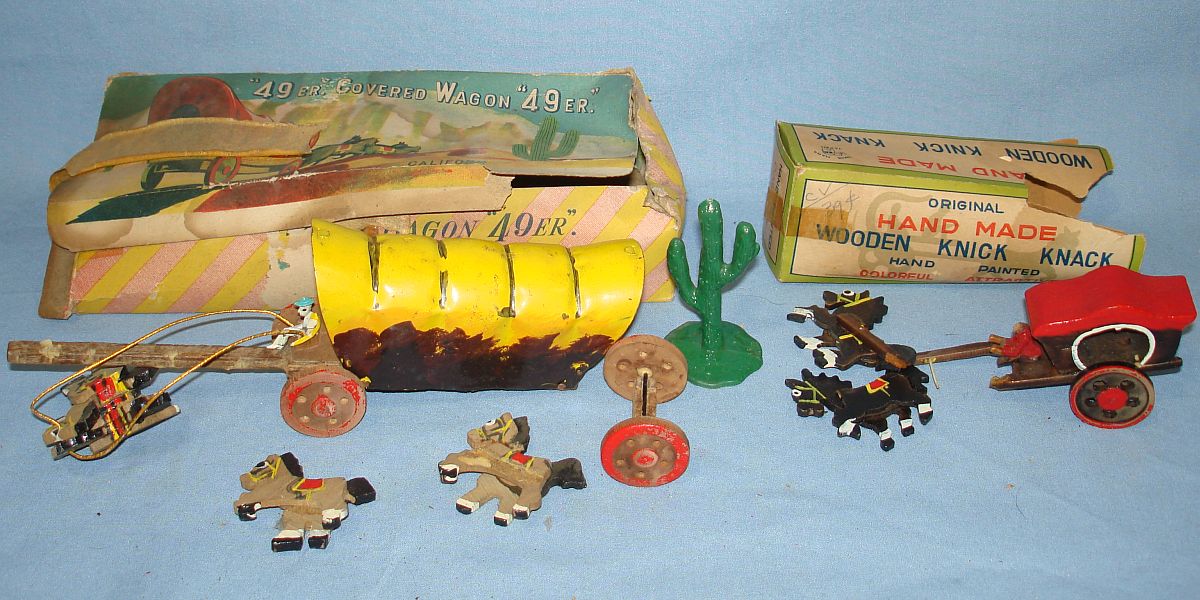 Vintage Made In Japan Wooden 49er Covered Wagon Horse Team Driver & Plastic Green Cactus
