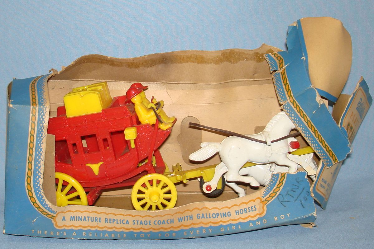 Vintage Reliable Plastic Miniature Replica Red Stage Coach White Plastic Horses Box #230/8 Vintage Reliable Plastic Miniature Replica Red Stage Coach White Plastic Horses Box #230/8