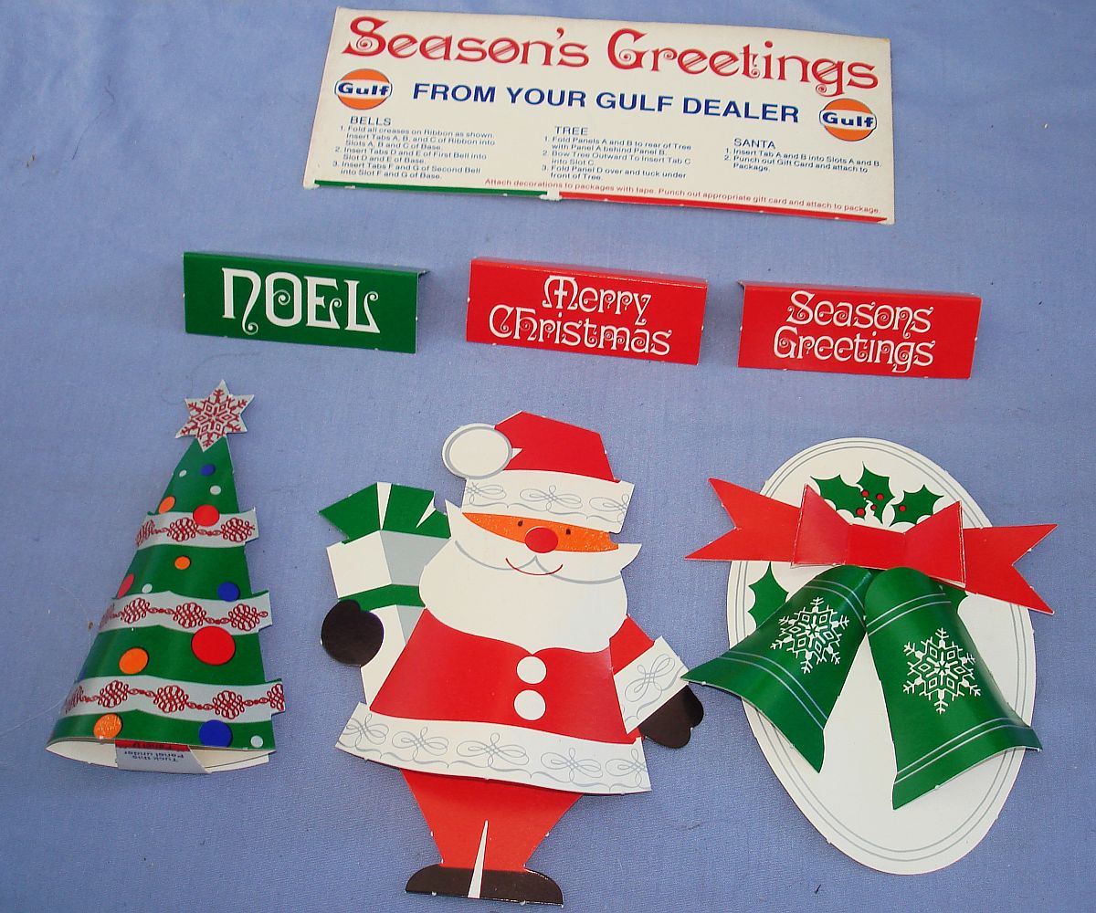 Vintage Gulf Dealer Seasons Greetings Merry Christmas Noel Bells Tree Santa Claus Decorations Vintage Gulf Dealer Seasons Greetings Merry Christmas Noel Bells Tree Santa Claus Decorations