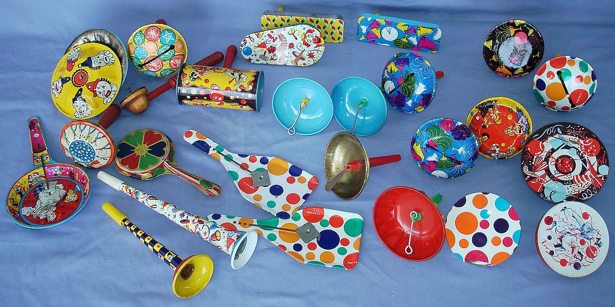 Vintage New Years Eve Tin Litho Noisemakers Lot Barrels Clappers Spinners Clangers Cymbals