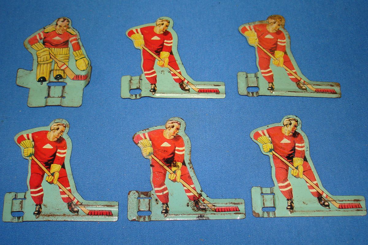 Vintage Unknown Hockey Table Game Red Metal Players White Triangle Logo Team Goalie Vintage Unknown Hockey Table Game Red Metal Players White Triangle Logo Team Goalie