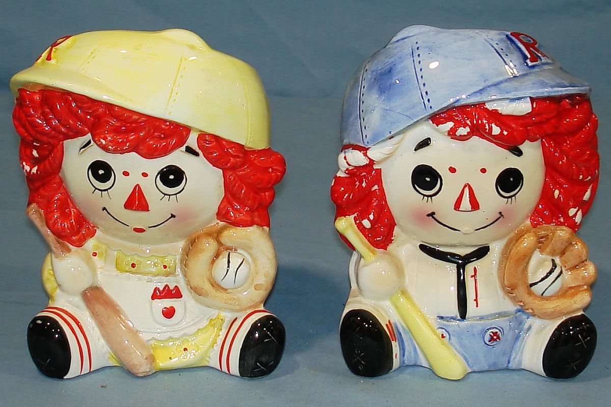 Vintage 1976 Raggedy Ann & Andy Bobbs-Merrill Baseball Player Planters Faces
