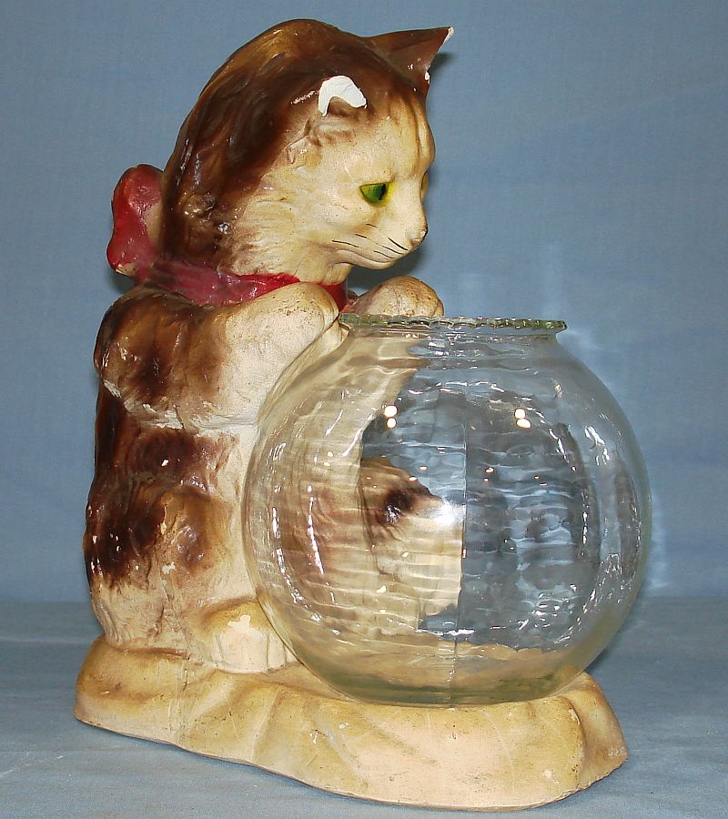 VINTAGE CHALKWARE KITTY CAT CLEAR GLASS GOLD FISH BOWL eBay