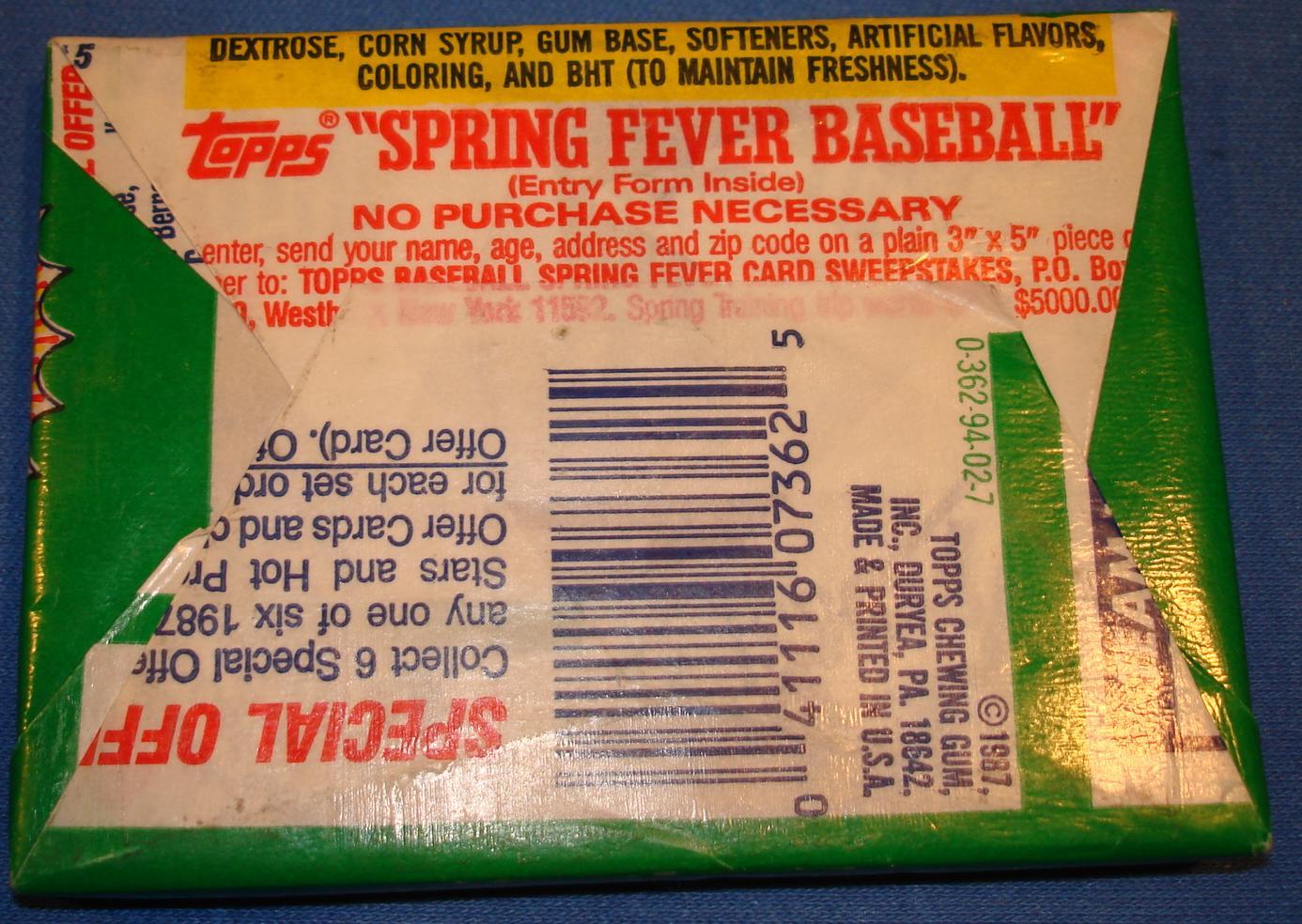 Topps 1987 Baseball Card Pack Wrapper Reverse Side