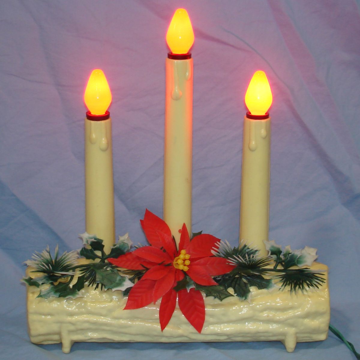 Vintage Molded Plastic Light Three Candles Candolier Yule Log