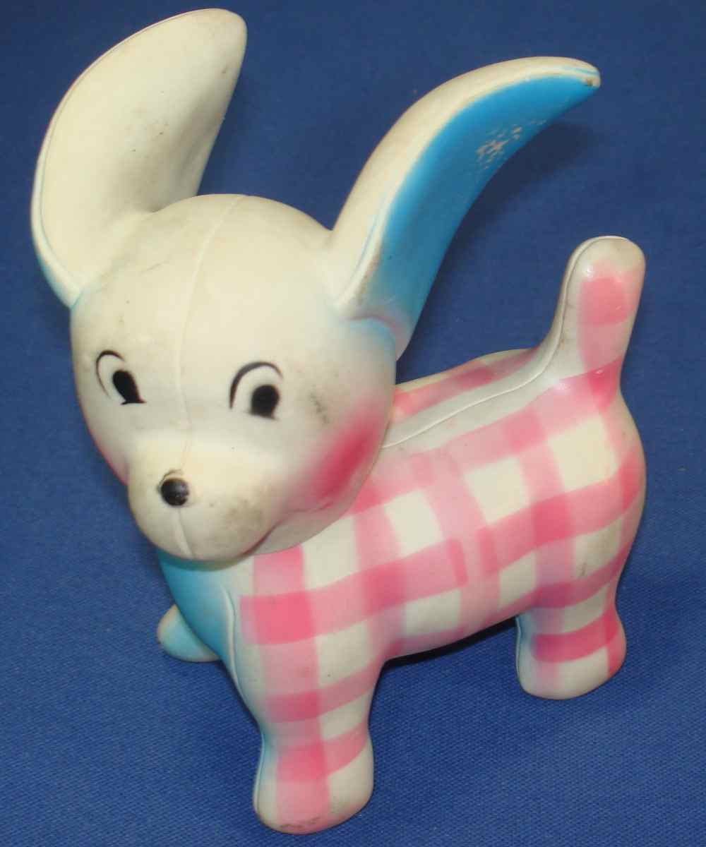 1967 Holland Hall Products Rubber Squeeze Baby Squeaky Toy Dog Blue & Pink 1967 Holland Hall Products Rubber Squeeze Baby Squeaky Toy Dog Blue & Pink