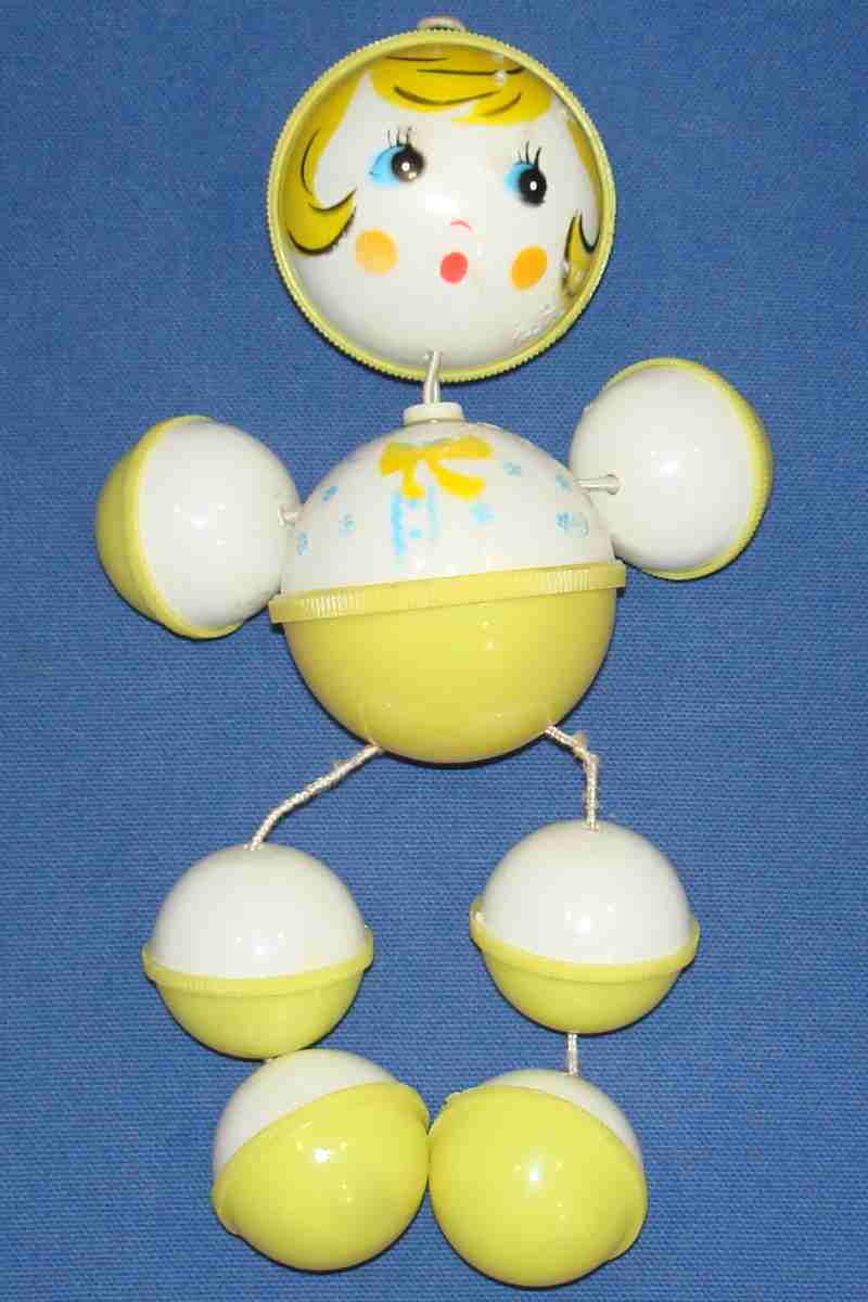 Vintage Baby Girl Rattle Segmented Yellow White Plastic Balls Infant Crib Toy Vintage Baby Girl Rattle Segmented Yellow White Plastic Balls Infant Crib Toy