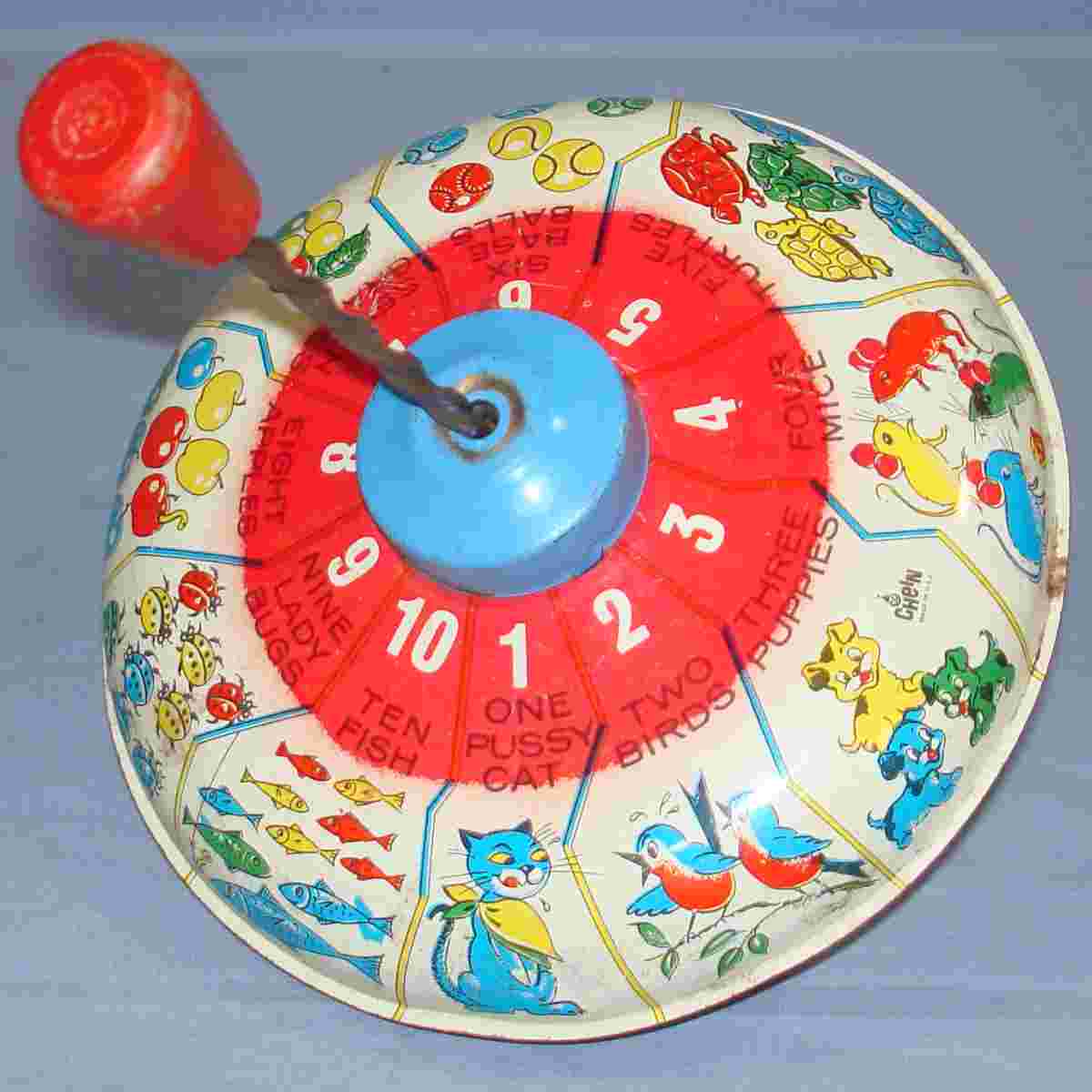Vintage Chein Tin Lithograph Spinning Top 7 Inch Diameter Wood Handle Made In USA Vintage Chein Tin Lithograph Spinning Top 7 Inch Diameter Wood Handle Made In USA