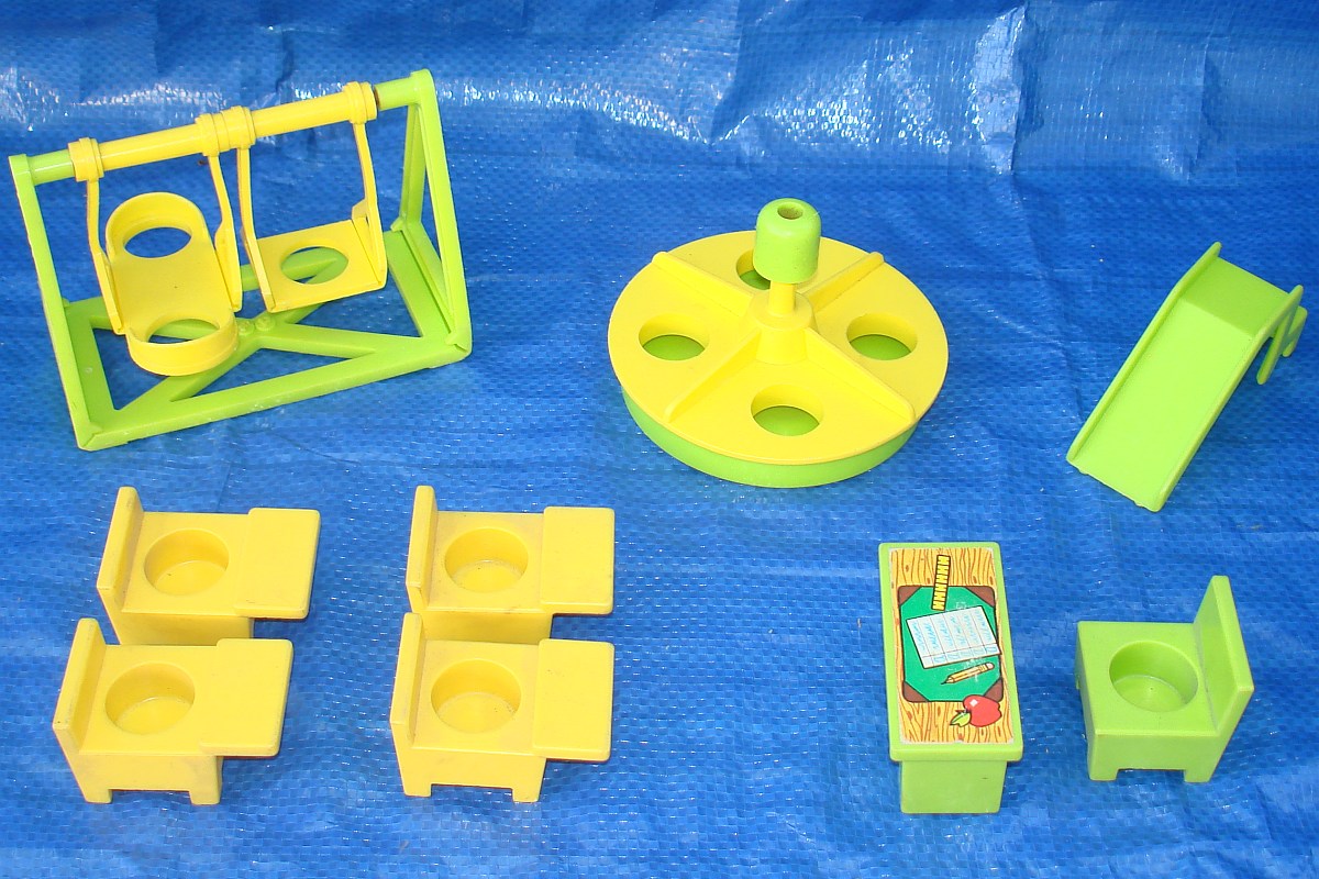 1972 Fisher Price Play Family Schools Playground Equipment Teacher Furniture Playset #923 1972 Fisher Price Play Family Schools Playground Equipment Teacher Furniture Playset #923