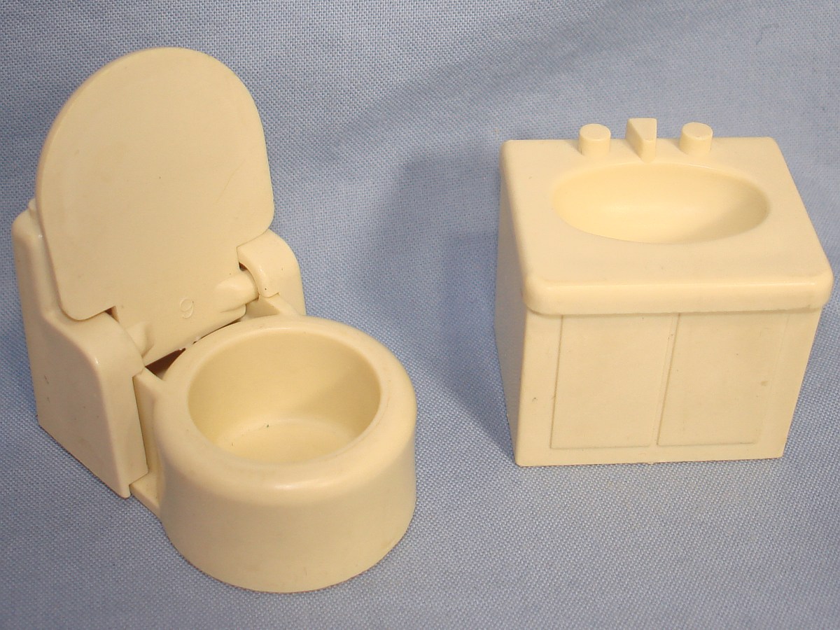 1973 Fisher Price Toys Play Family Camper Bathroom White Hinged Toilet Oval Sink Cabinet #994 1973 Fisher Price Toys Play Family Camper Bathroom White Hinged Toilet Oval Sink Cabinet #994