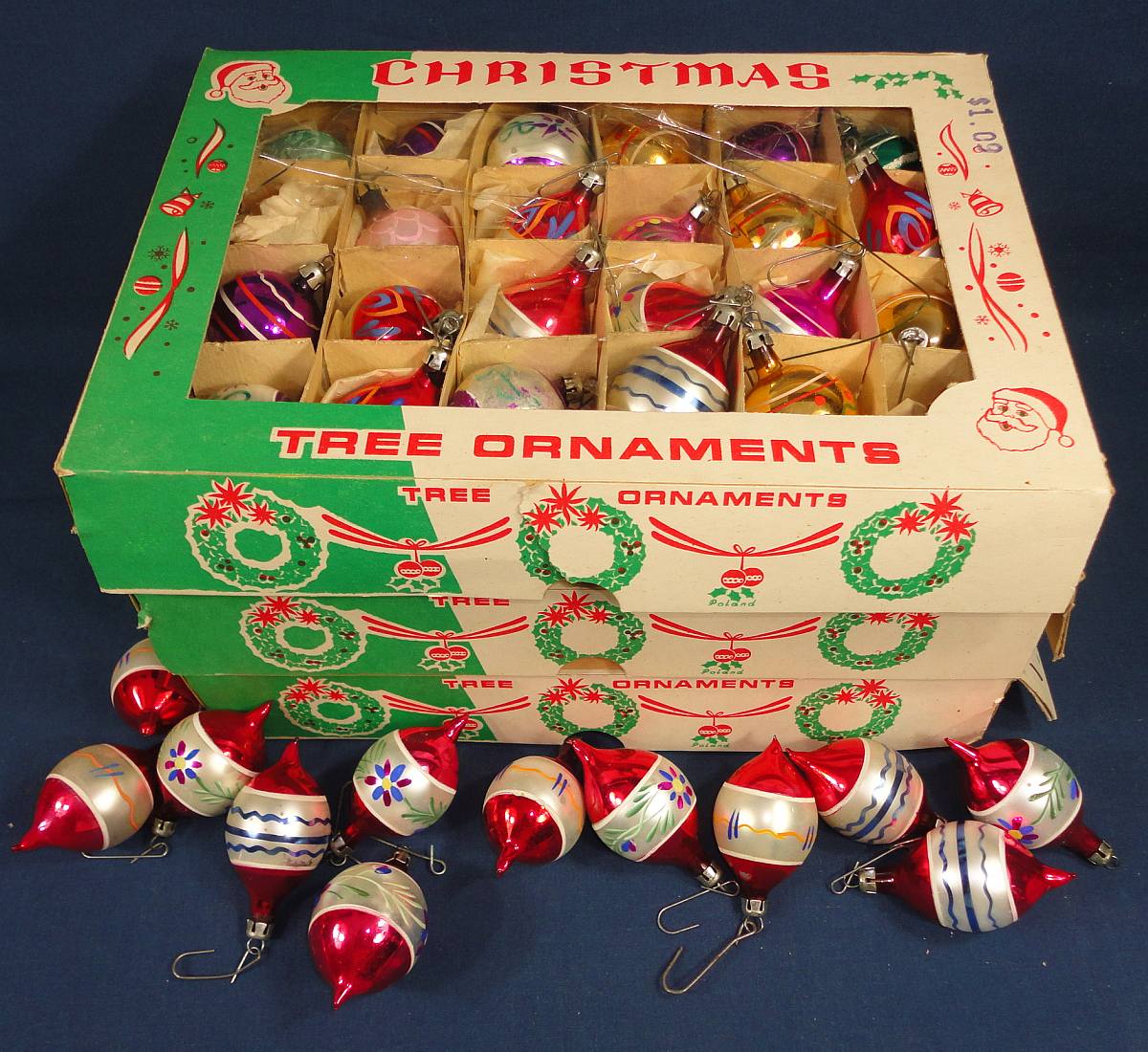 CHRISTMAS TREE ORNAMENTS 7 DOZEN SMALL GLASS HAND PAINTED VARIOUS