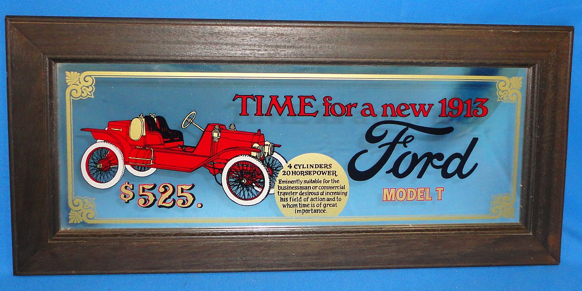 Vintage 1913 Ford Model T 525 Dollars Glass Bar Mirror Landscape Wood Frame 26x12 Vintage 1913 Ford Model T 525 Dollars Glass Bar Mirror Landscape Wood Frame 26x12