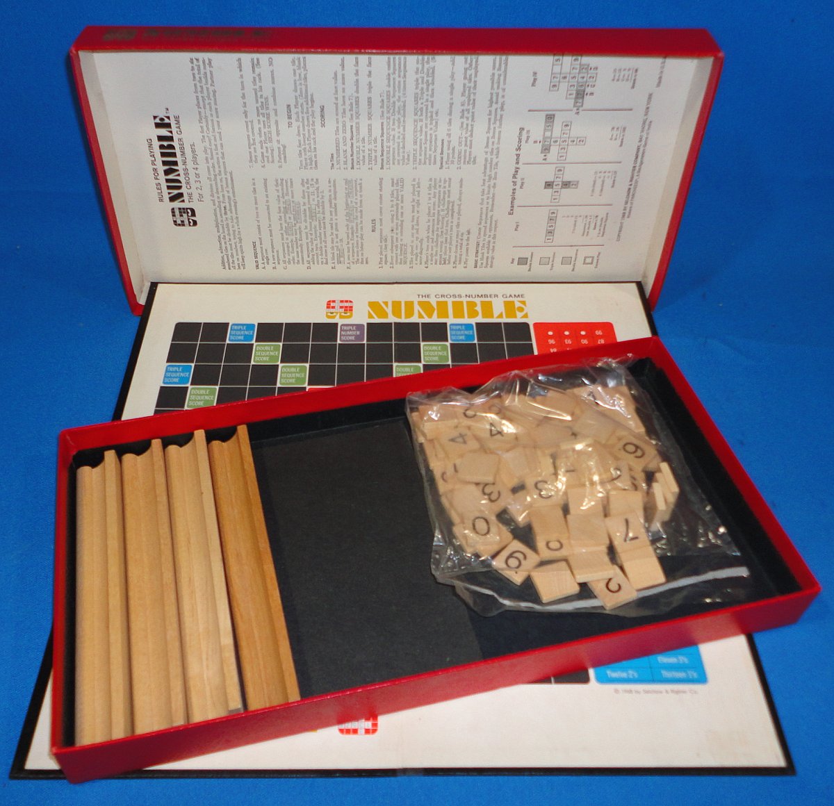 Vintage 1968 Numble Selchow Righter Cross-Number Game No. 21 Board Wood Tiles Racks Box Rules Vintage 1968 Numble Selchow Righter Cross-Number Game No. 21 Board Wood Tiles Racks Box Rules