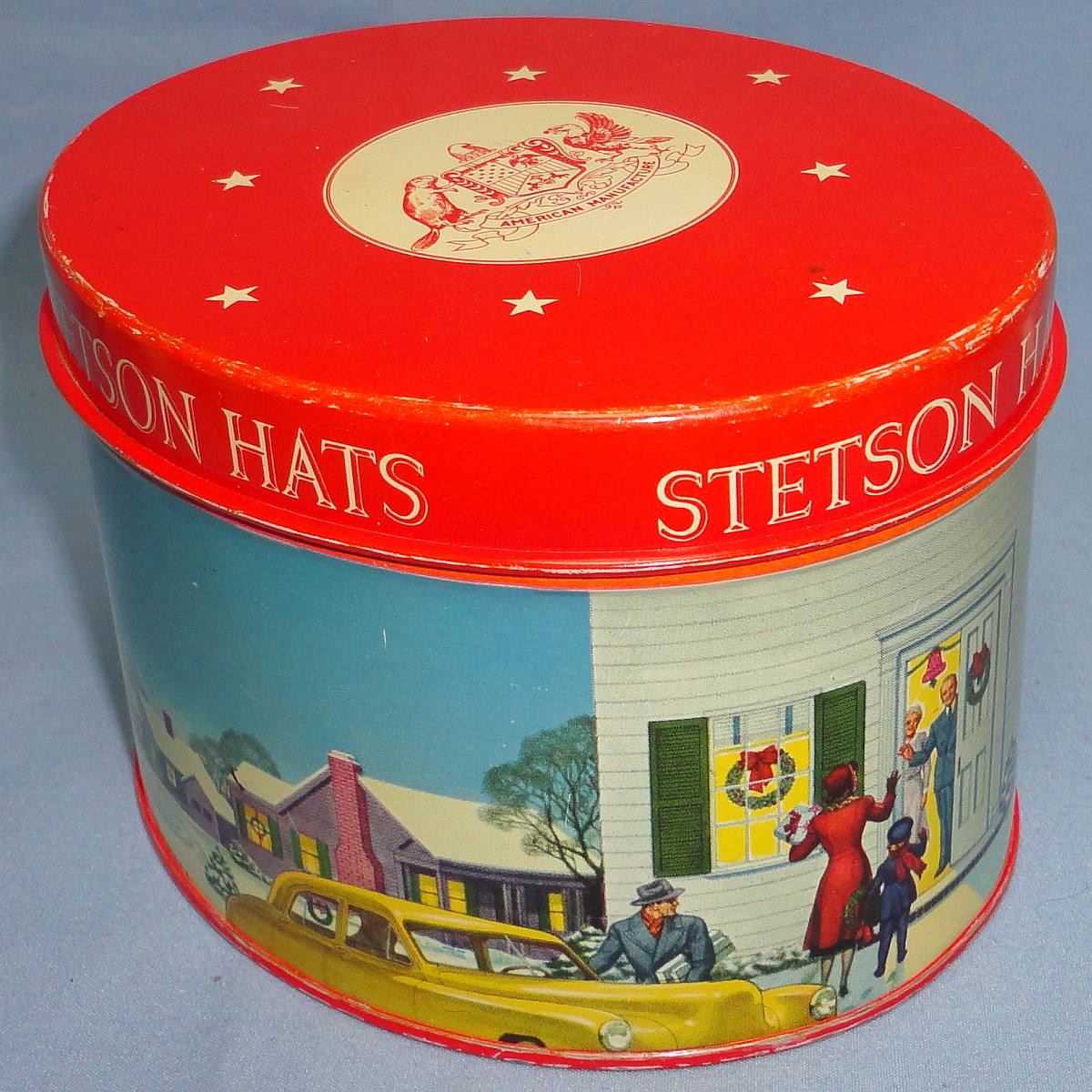 Vintage Stetson Hats Tin Lithograph Miniature Salesman Sample Vintage Christmas Scene Hat Box & Lid Vintage Stetson Hats Tin Lithograph Miniature Salesman Sample Vintage Christmas Scene Hat Box & Lid