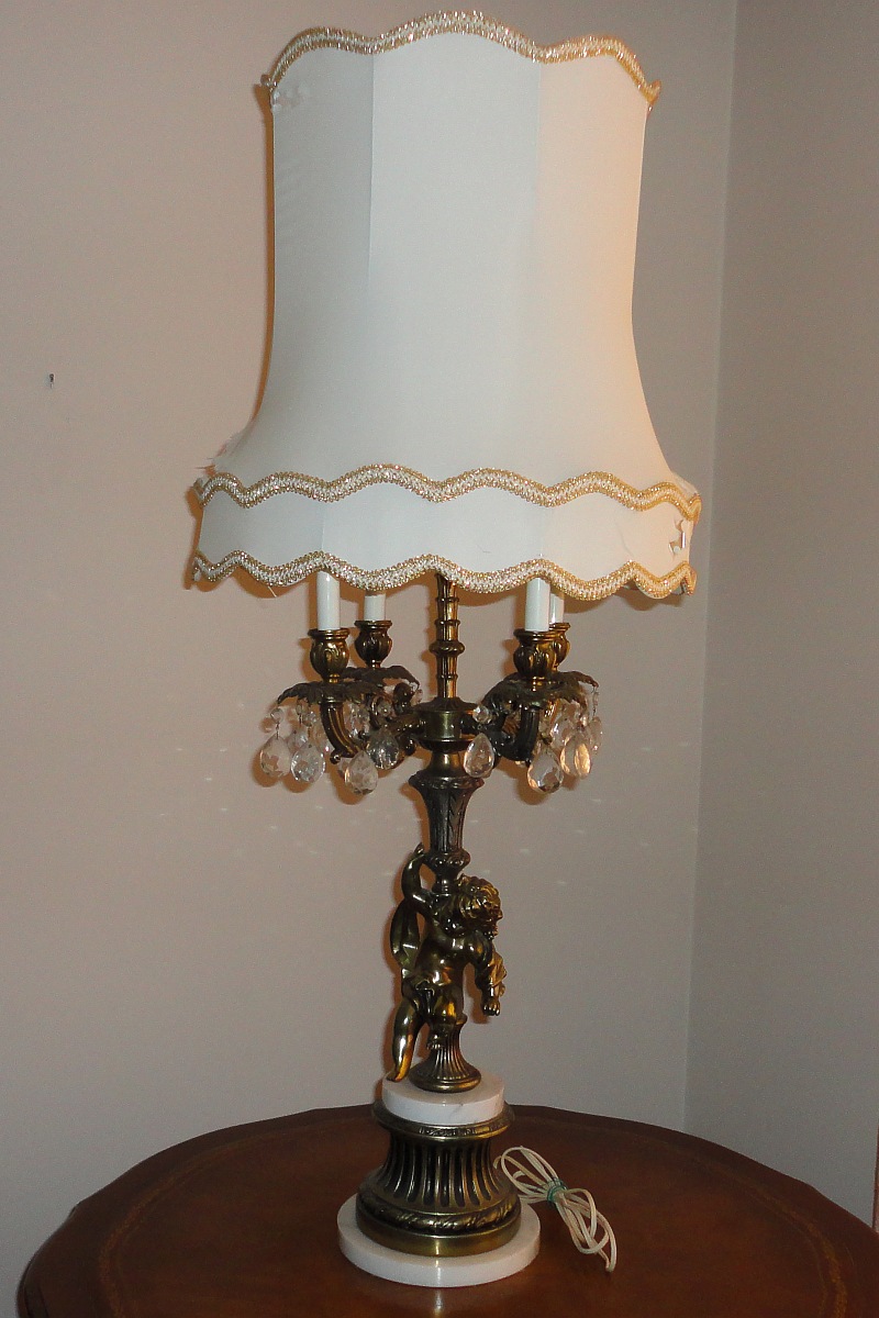 ANGEL 5 LIGHT 24 TEAR DROP PRISM CHERUB CANDELABRA LAMP ITALIAN BRASS