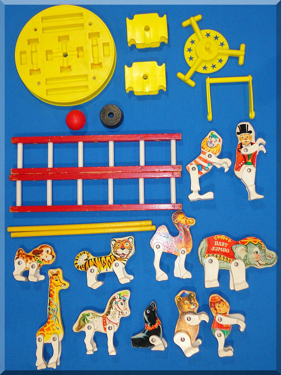 Vintage FP Fisher Price Toys Junior Circus 902 Animals Clown Ring Master Black Tub Ladders Vintage FP Fisher Price Toys Junior Circus 902 Animals Clown Ring Master Black Tub Ladders