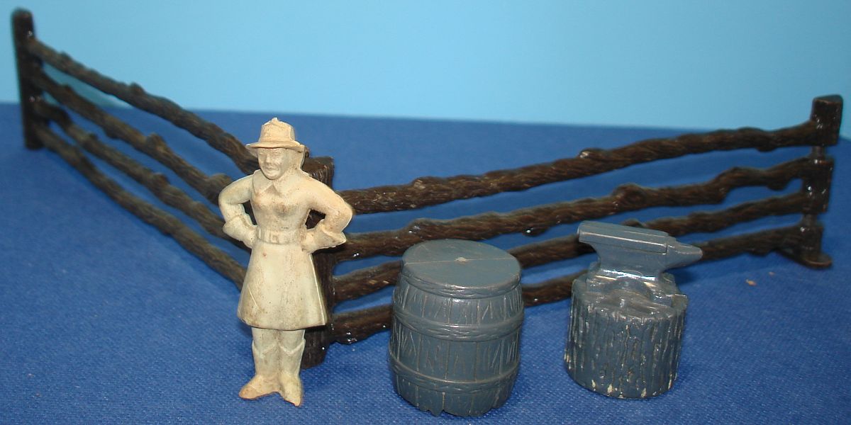 Vintage Marx Toys Western Ranch Play Set 60mm Cream Cow Girl Dark Gray Anvil Rain Barrel Brown Fence Vintage Marx Toys Western Ranch Play Set 60mm Cream Cow Girl Dark Gray Anvil Rain Barrel Brown Fence