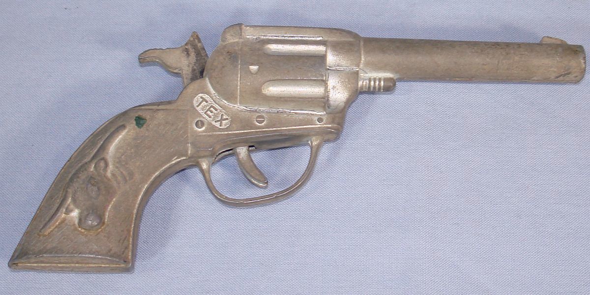 Vintage Hubley Tex Western Revolver Made In USA Cap Pistol Longhorn Handle Hammer Cocked Vintage Hubley Tex Western Revolver Made In USA Cap Pistol Longhorn Handle Hammer Cocked